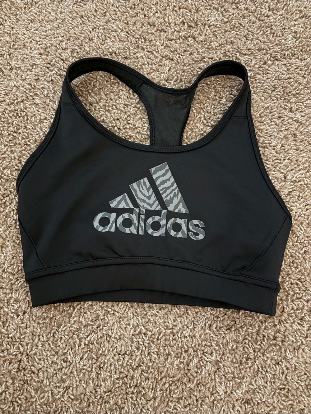 adidas Black Racerback Sports Crop Top with Grey Zebra Logo